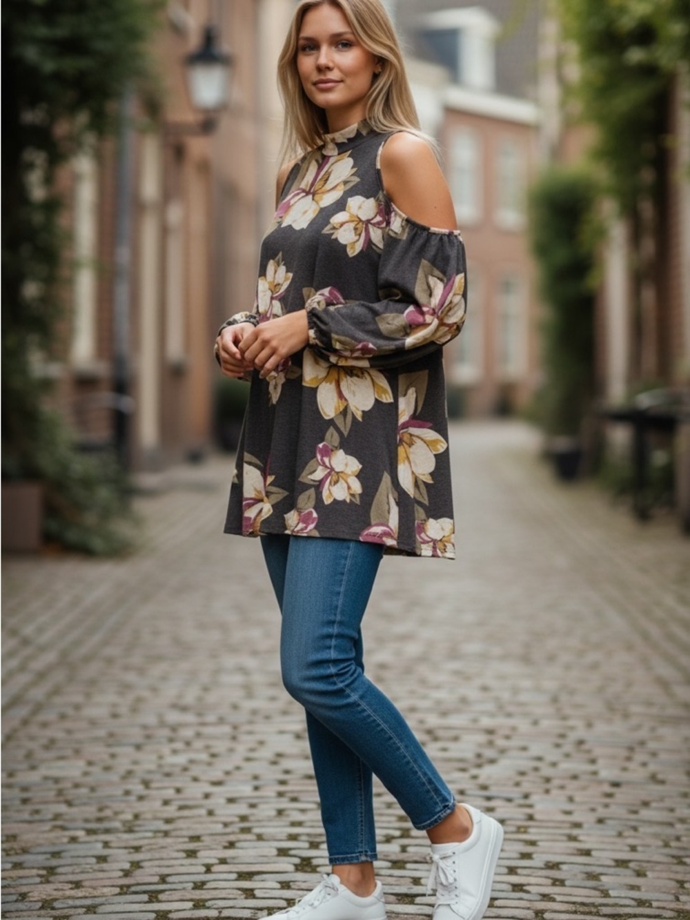 Lazy Sunday Cold Shoulders Floral Long Sleeves Tunic Dress Size Large - Picture 1 of 7